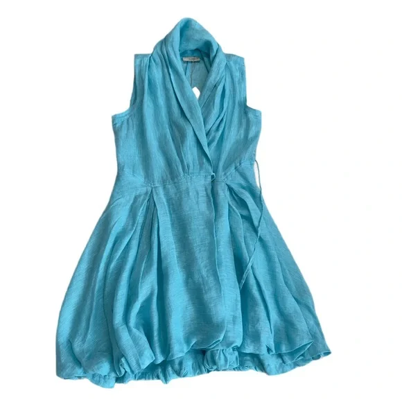 SARTORIA SARACENA ~ Chic Turquoise Wrap Around Sleeveless High Low Linen Dress - Picture 8 of 11